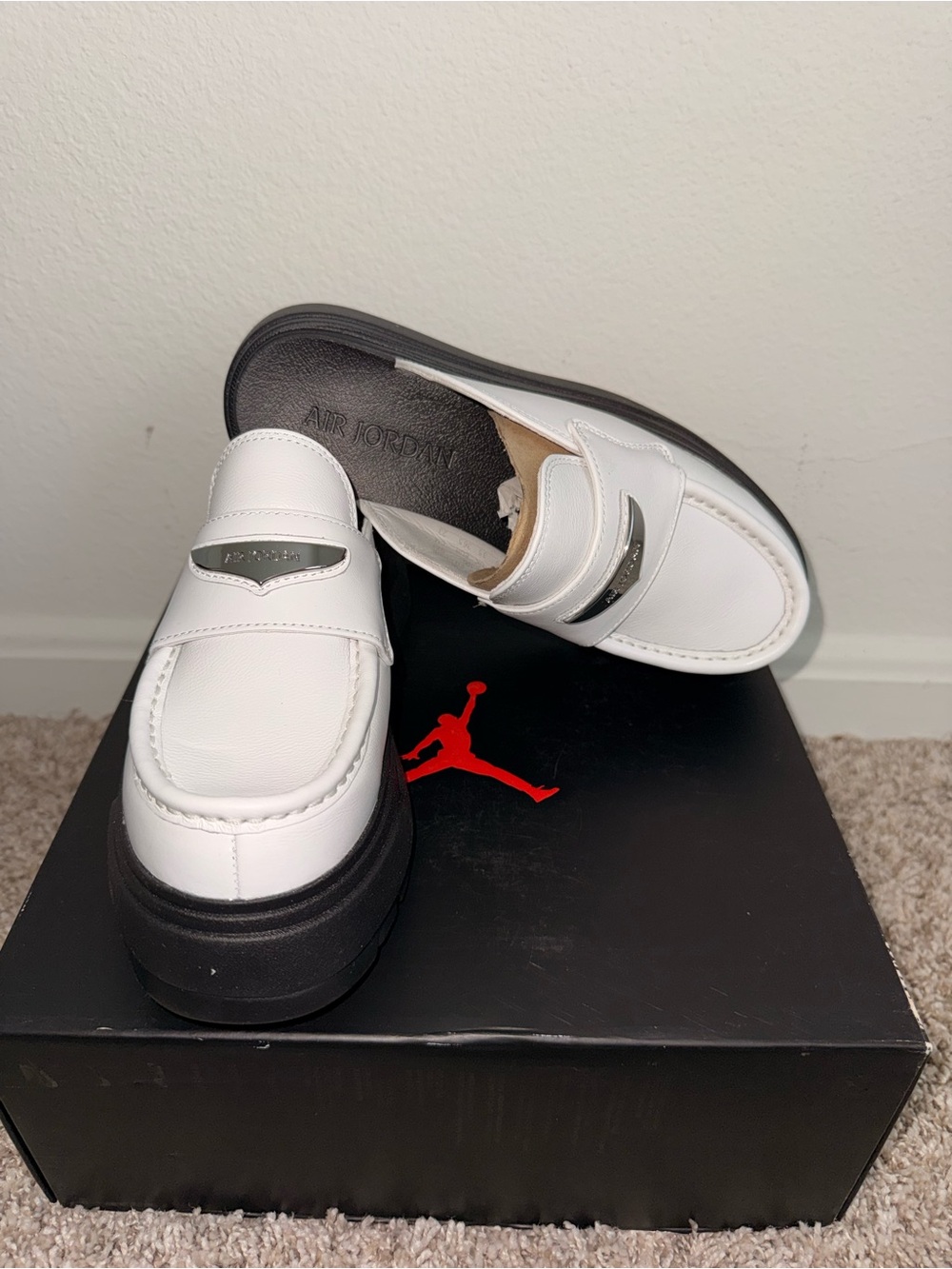 Jordan White Leather Slip-On Loafers with Black Sole